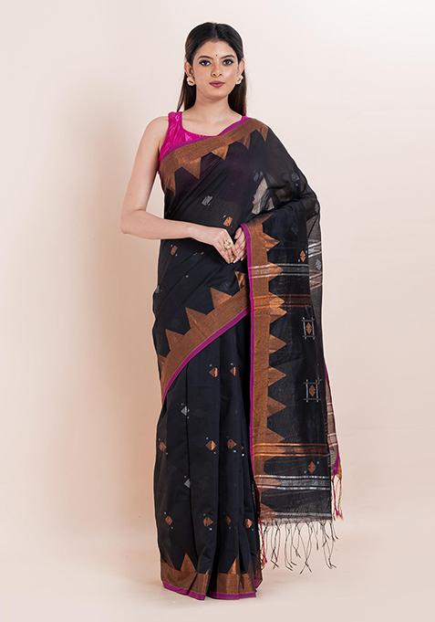 Black Embroidered Cotton Saree Set