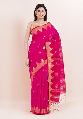 Pink Embroidered Cotton Saree Set
