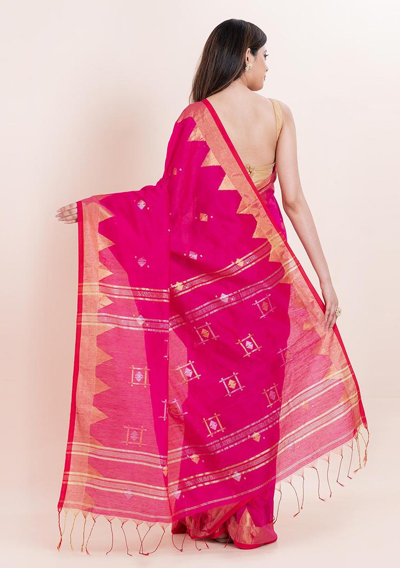 Pink Embroidered Cotton Saree Set