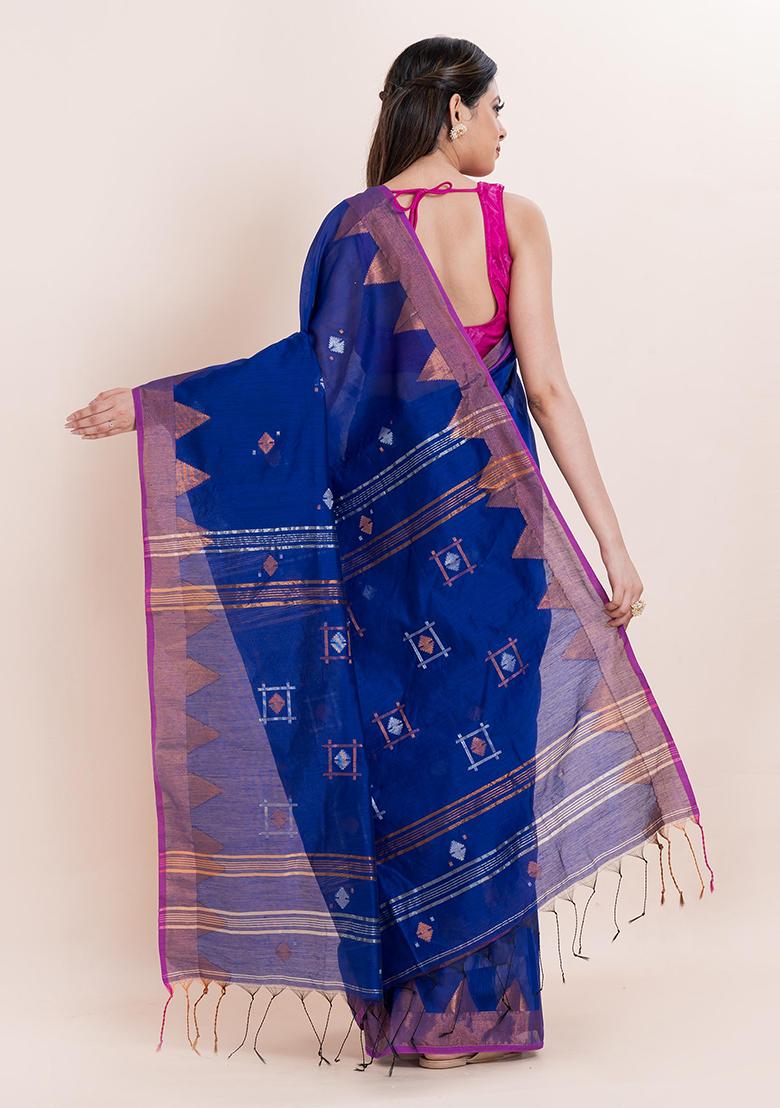 Blue Embroidered Cotton Saree Set