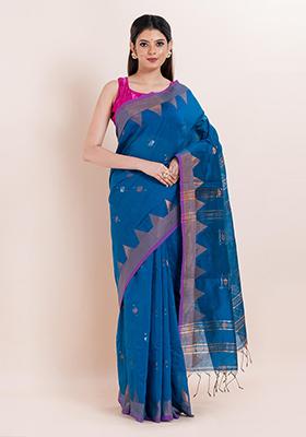 Teal Blue Embroidered Cotton Saree Set