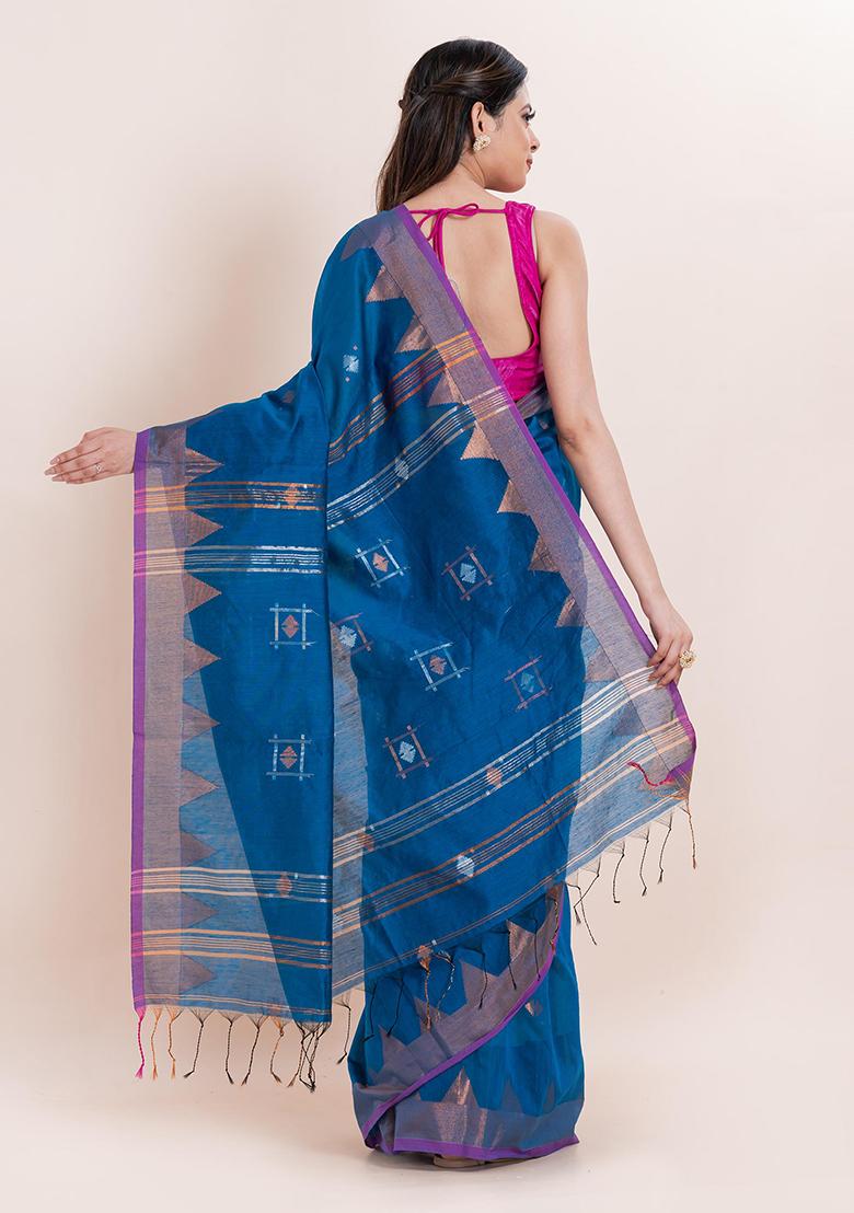 Teal Blue Embroidered Cotton Saree Set