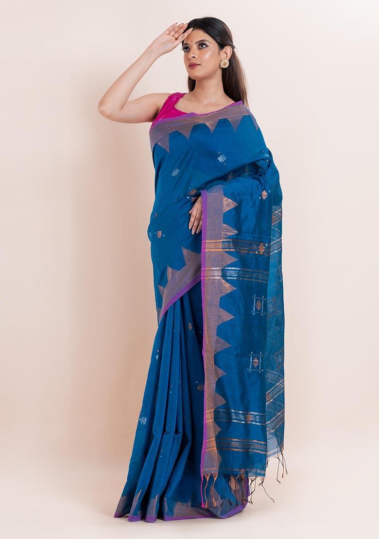 Teal Blue Embroidered Cotton Saree Set
