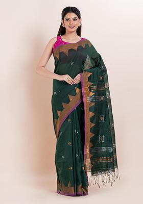 Buttle Green Embroidered Cotton Saree Set