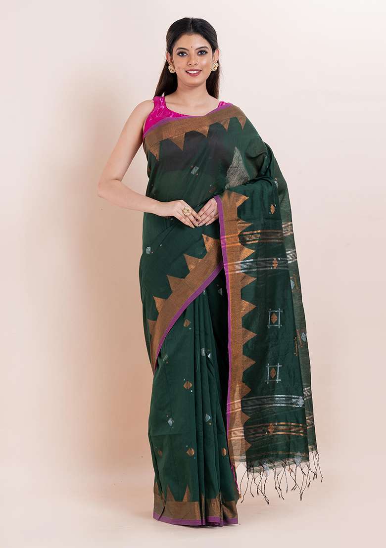 Buttle Green Embroidered Cotton Saree Set - Indya