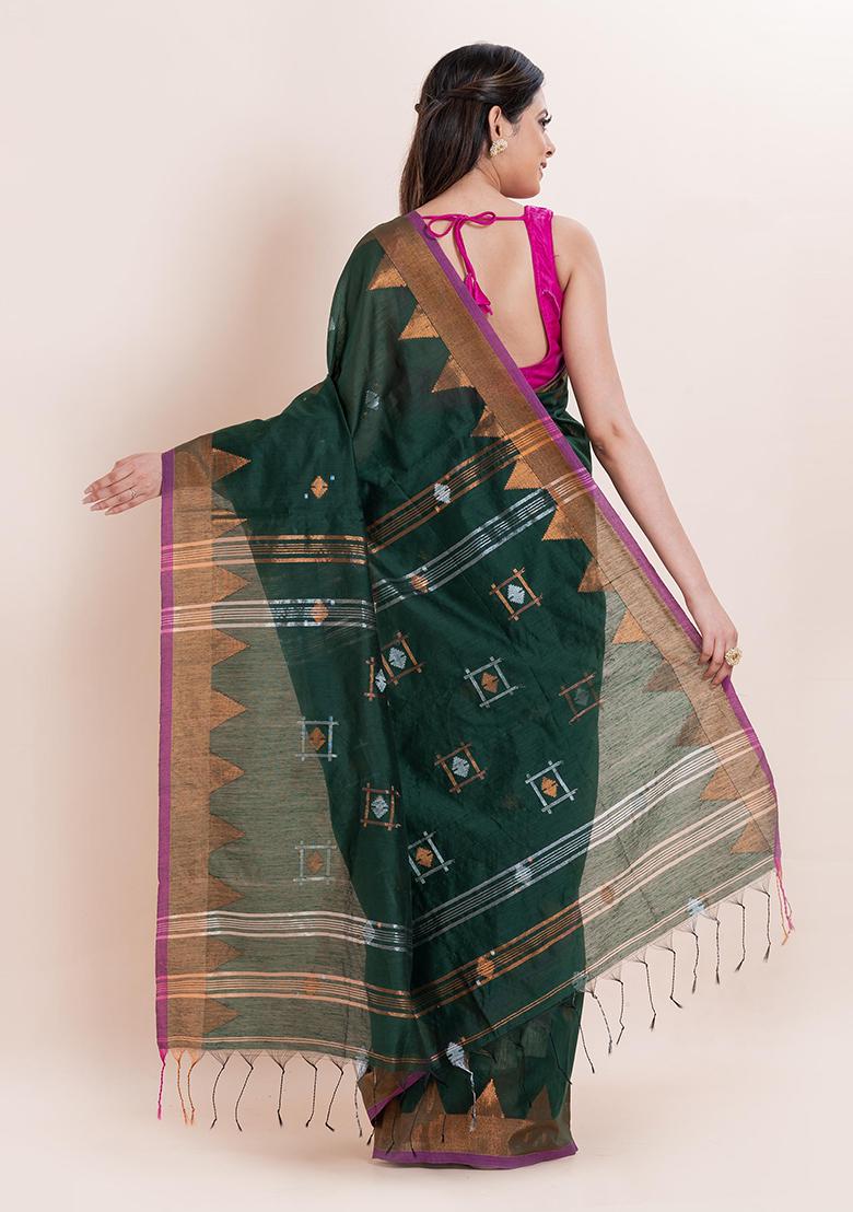 Buttle Green Embroidered Cotton Saree Set