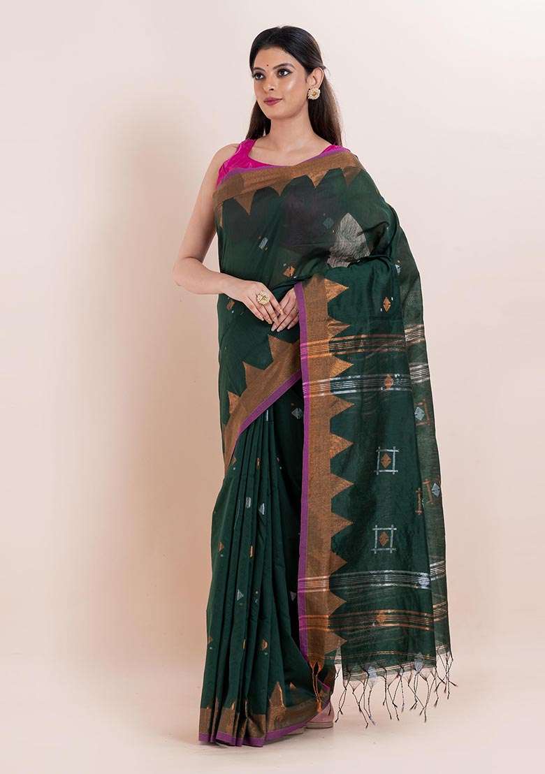 Buttle Green Embroidered Cotton Saree Set - Indya