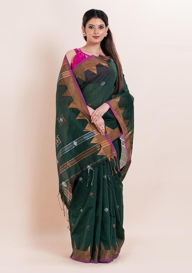 Buttle Green Embroidered Cotton Saree Set