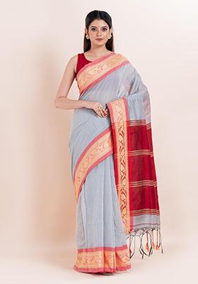 Grey Printed Cotton Saree Set