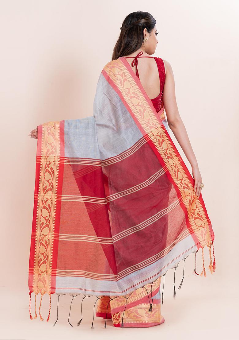 Grey Printed Cotton Saree Set