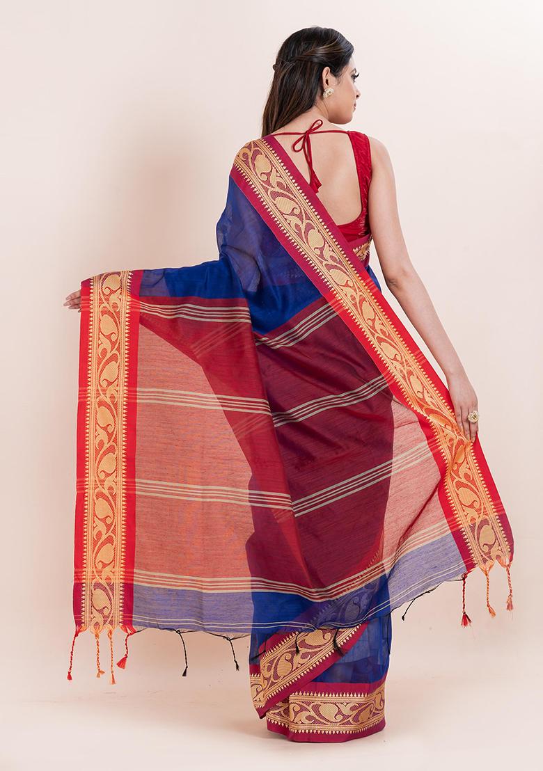 Blue Printed Cotton Saree Set