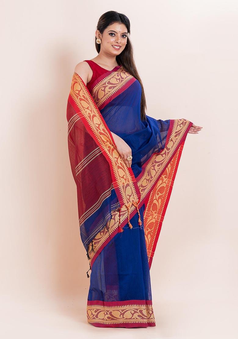 Blue Printed Cotton Saree Set