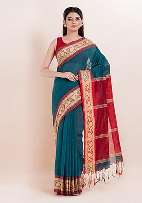 Teal Blue Printed Cotton Saree Set