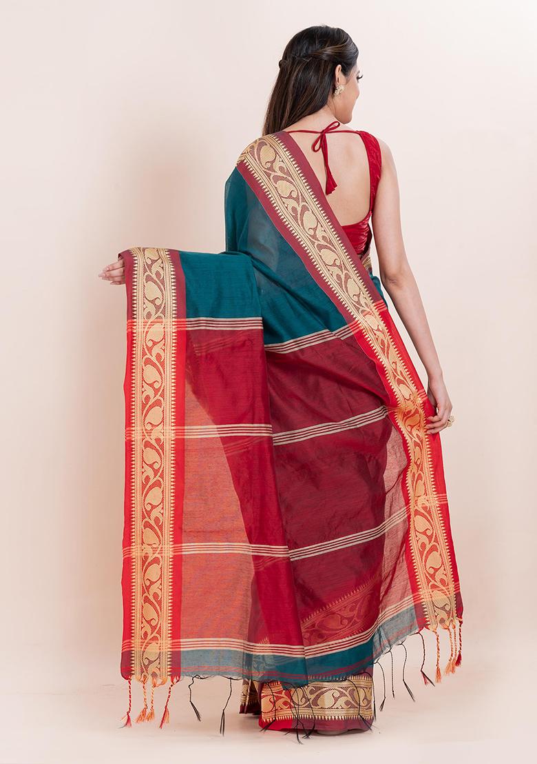 Teal Blue Printed Cotton Saree Set