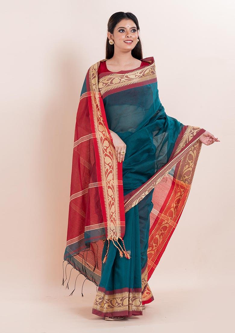 Teal Blue Printed Cotton Saree Set