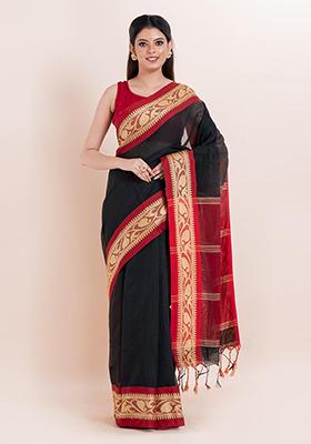 Black Printed Cotton Saree Set