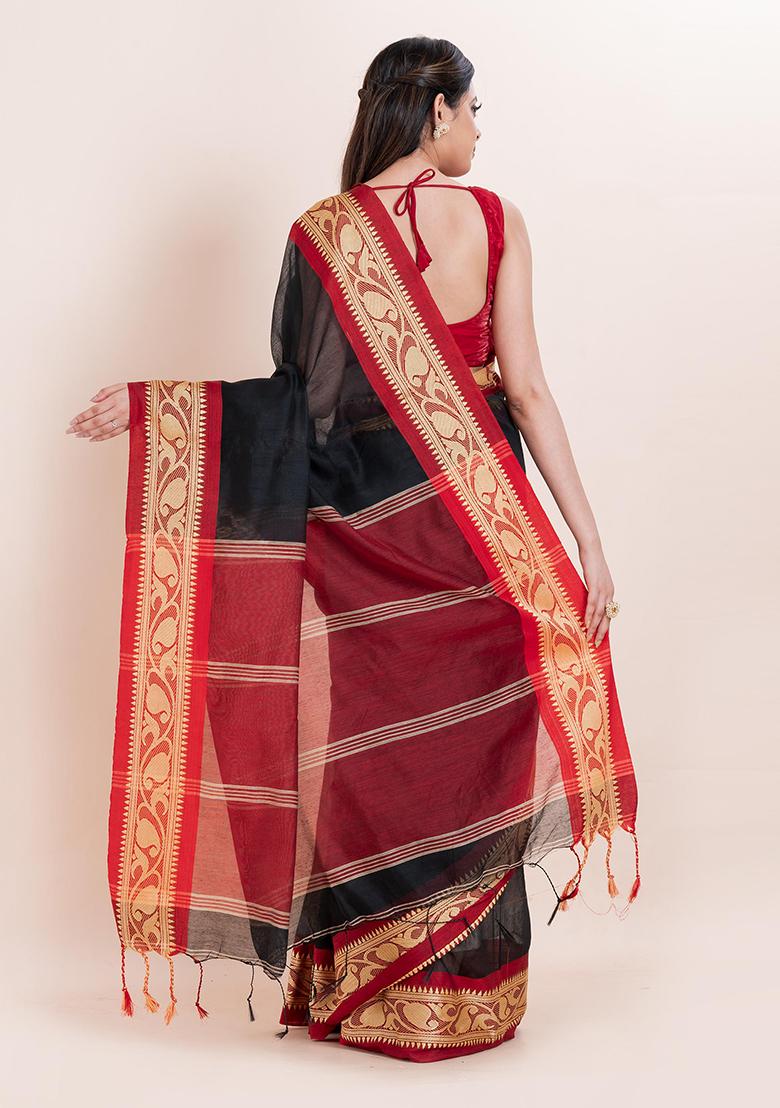 Black Printed Cotton Saree Set