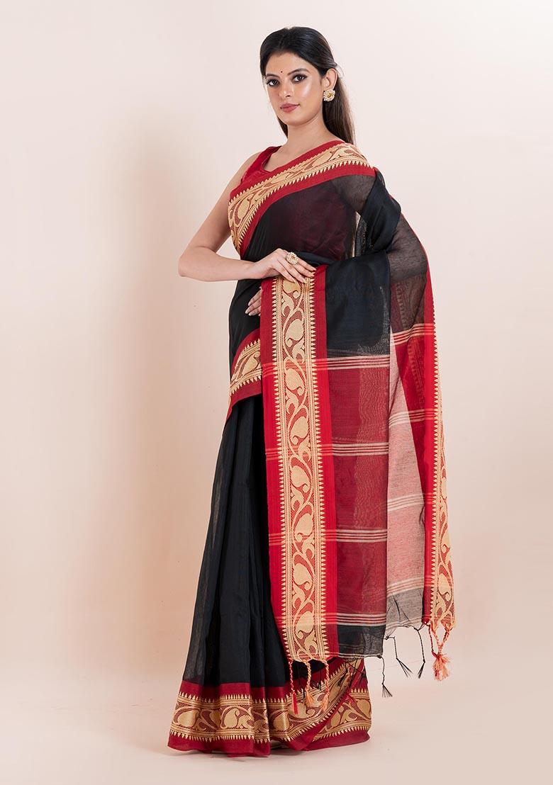 Black Printed Cotton Saree Set