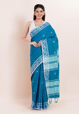 Sky Blue Printed Cotton Saree Set