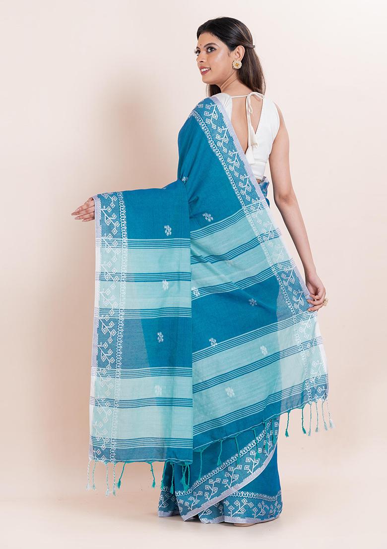 Sky Blue Printed Cotton Saree Set