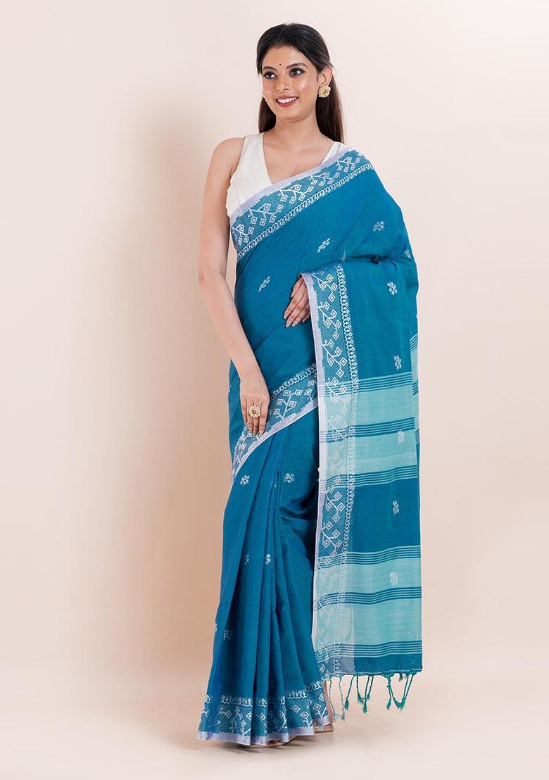 Sky Blue Printed Cotton Saree Set