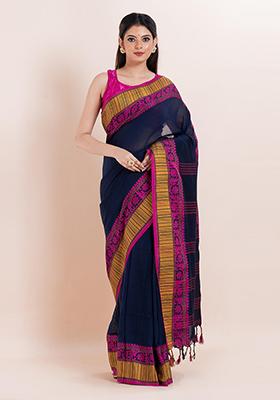 Blue Printed Cotton Saree Set