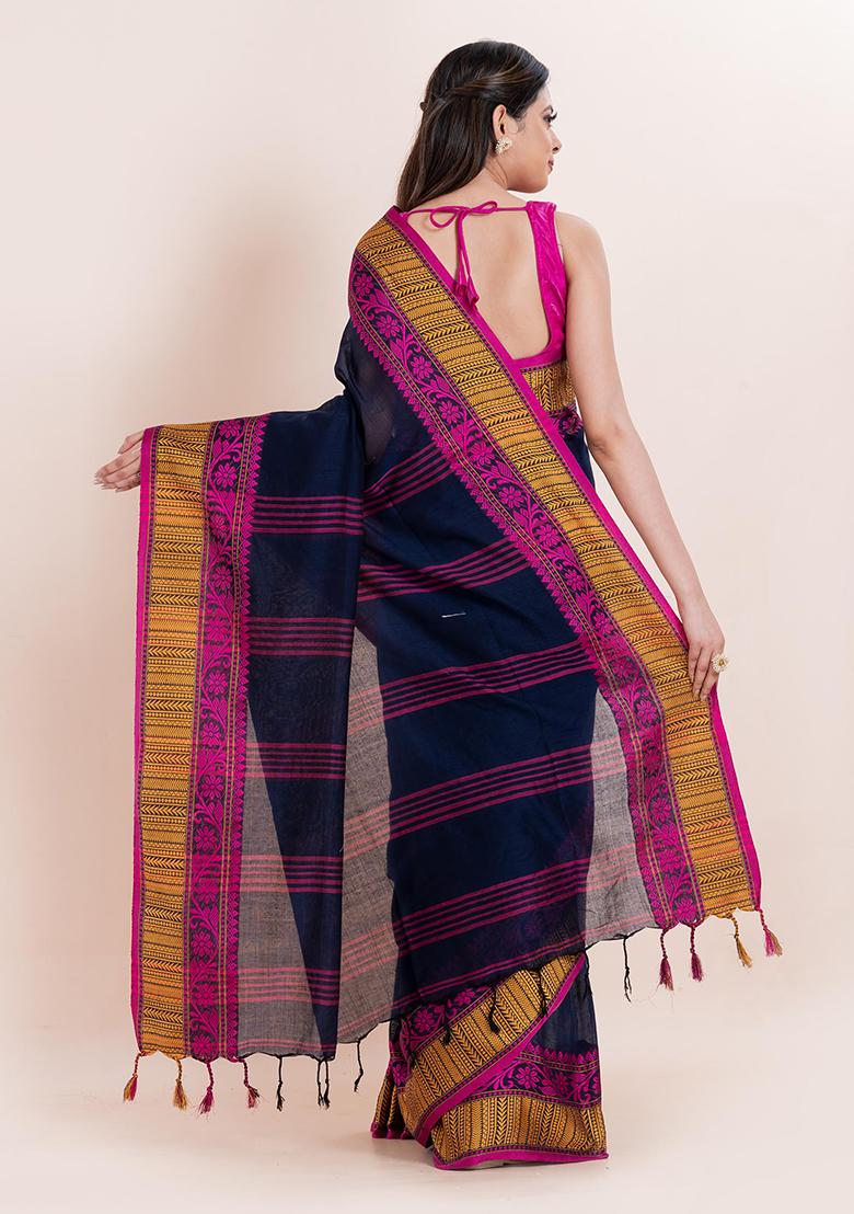 Blue Printed Cotton Saree Set