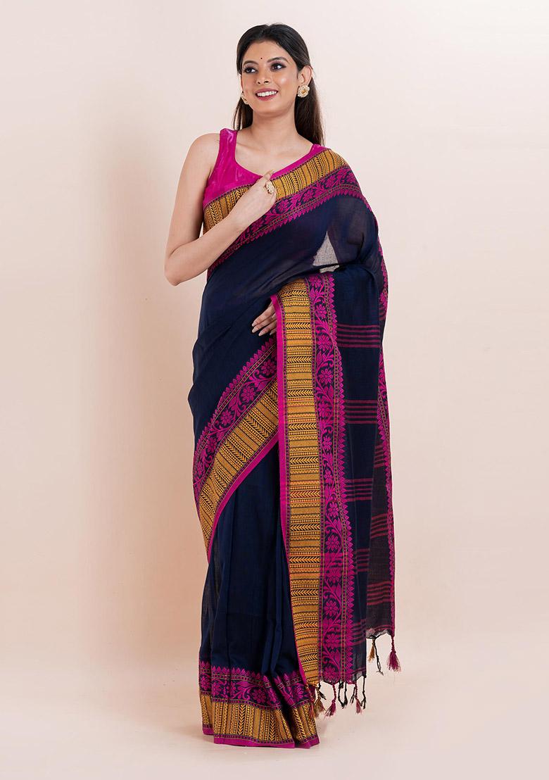 Blue Printed Cotton Saree Set