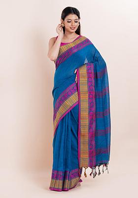 Blue Printed Cotton Saree Set