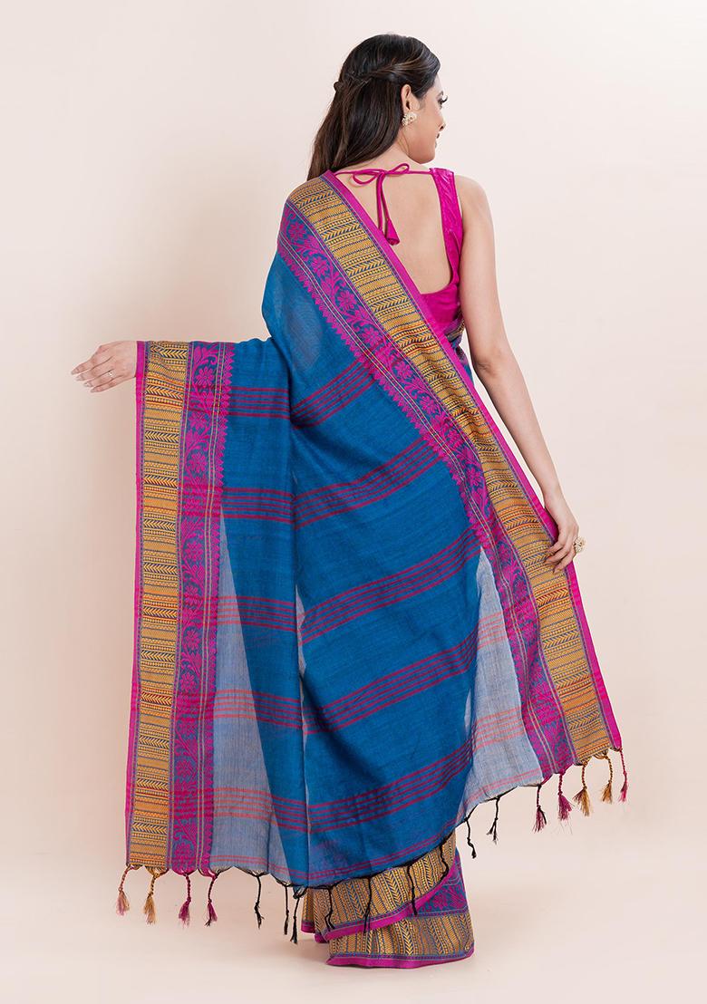 Blue Printed Cotton Saree Set