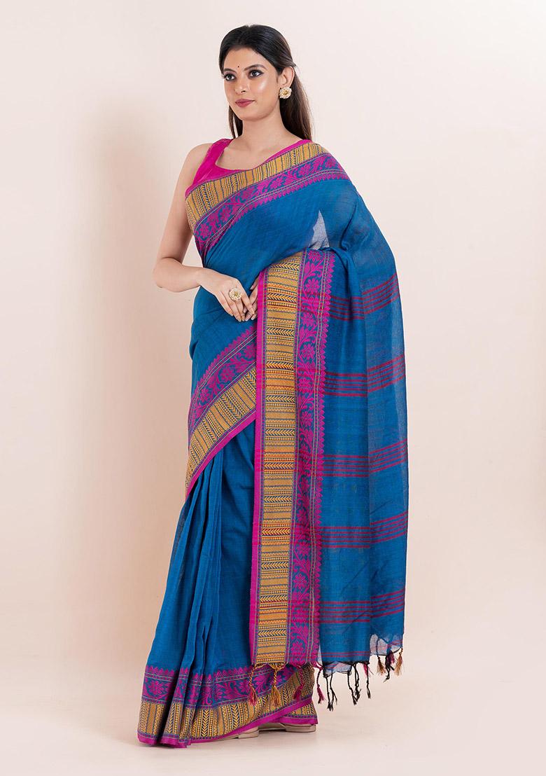 Blue Printed Cotton Saree Set
