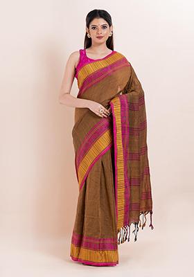 Brown Printed Cotton Saree Set