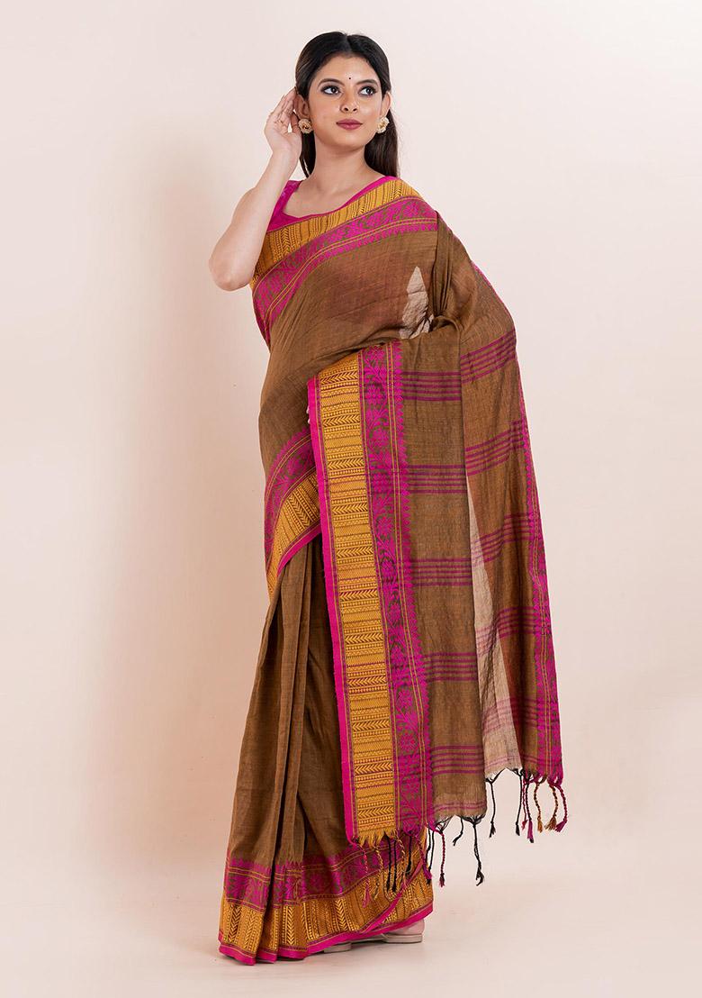 Brown Printed Cotton Saree Set