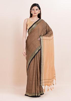 Beige Printed Cotton Saree Set
