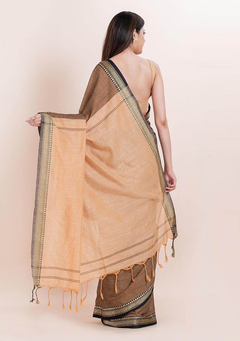 Beige Printed Cotton Saree Set