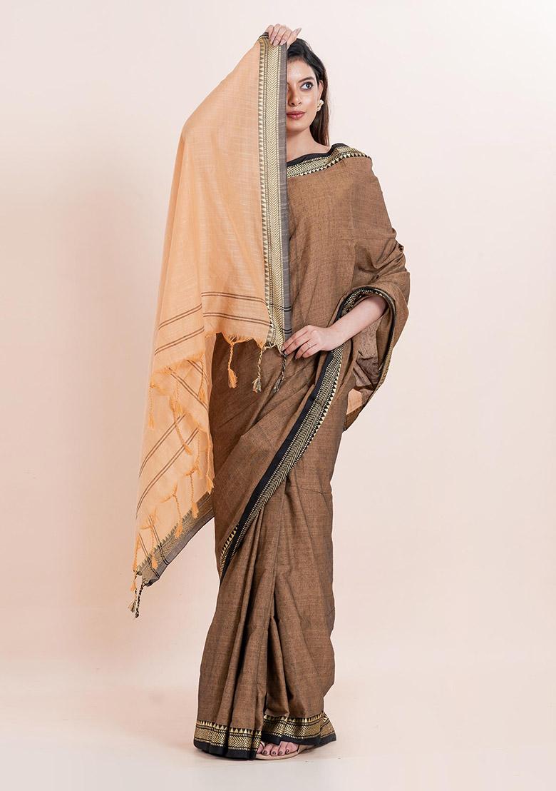 Beige Printed Cotton Saree Set