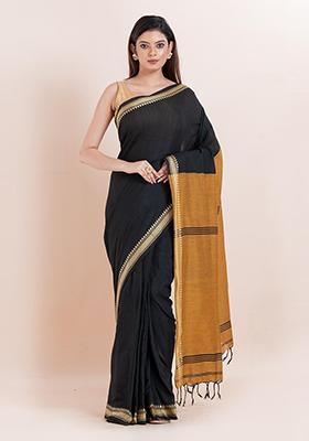 Black Printed Cotton Saree Set