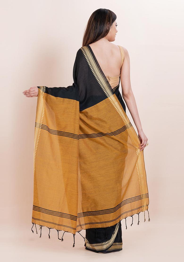 Black Printed Cotton Saree Set