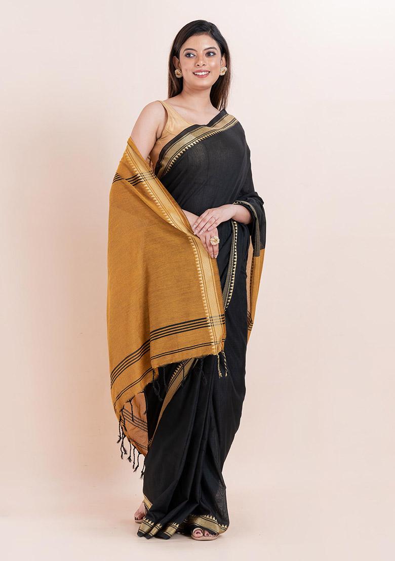 Black Printed Cotton Saree Set