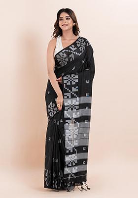 Black Printed Cotton Saree Set