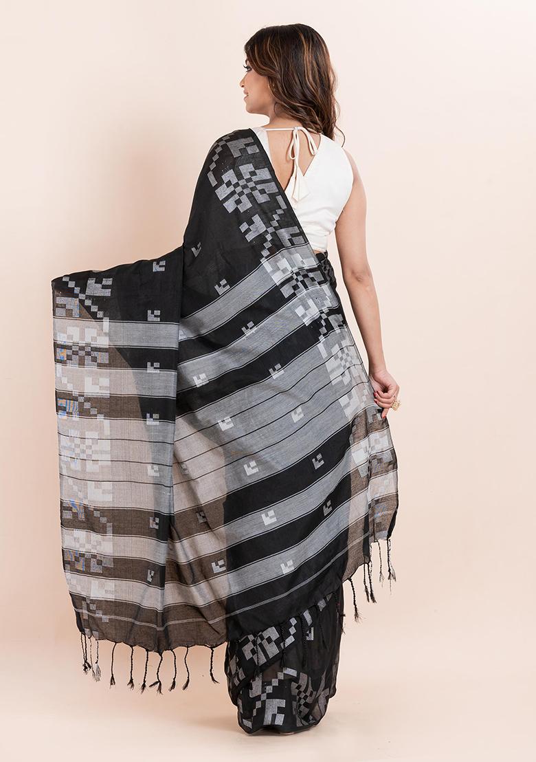 Black Printed Cotton Saree Set