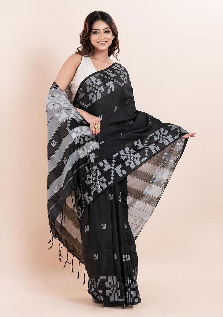 Black Printed Cotton Saree Set