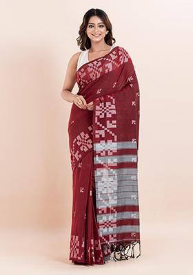 Maroon Printed Cotton Saree Set