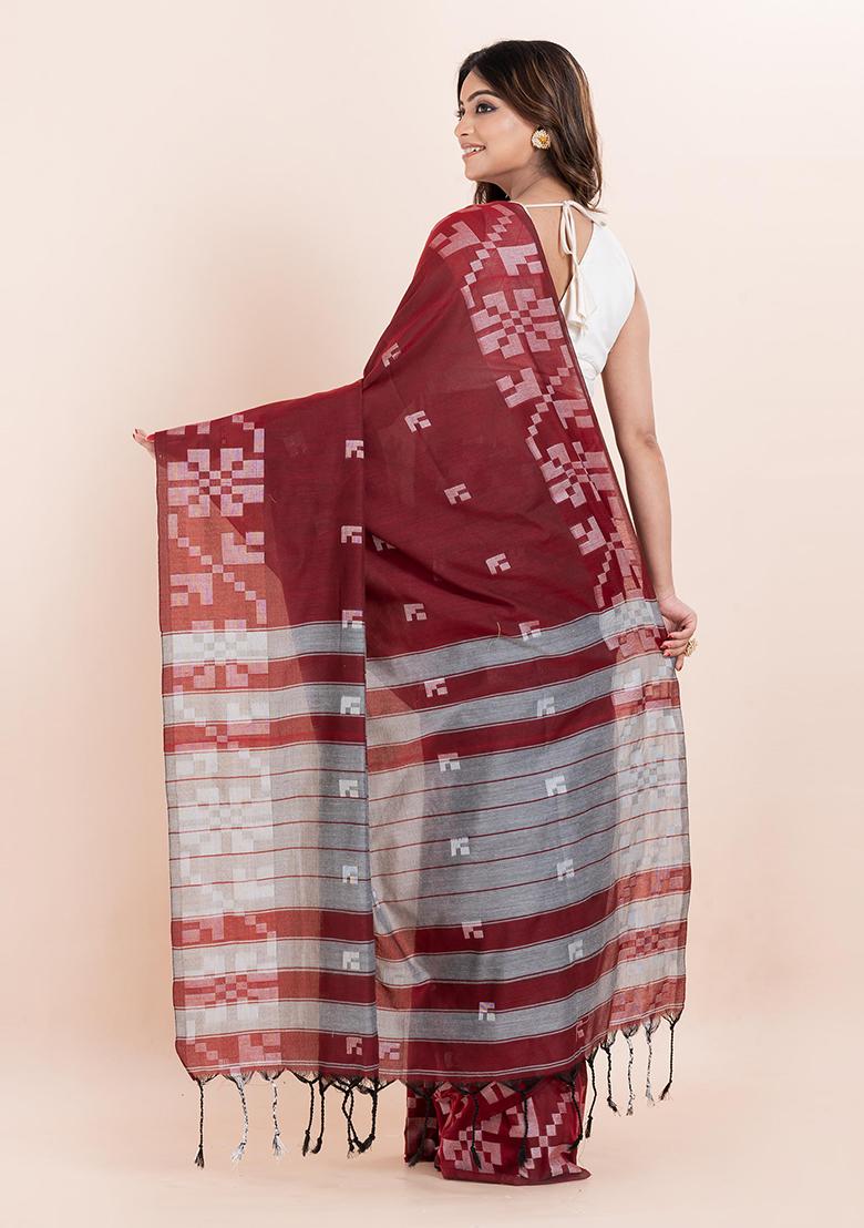 Maroon Printed Cotton Saree Set