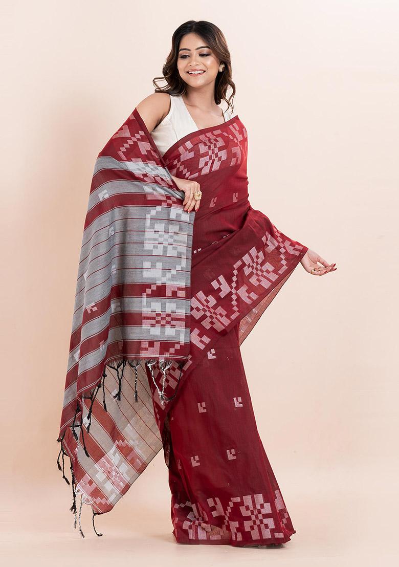 Maroon Printed Cotton Saree Set