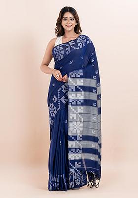 Blue Printed Cotton Saree Set