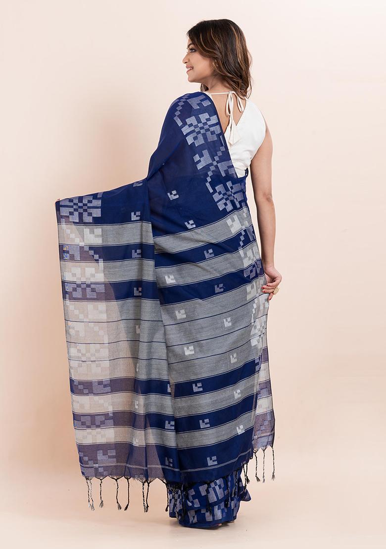 Blue Printed Cotton Saree Set