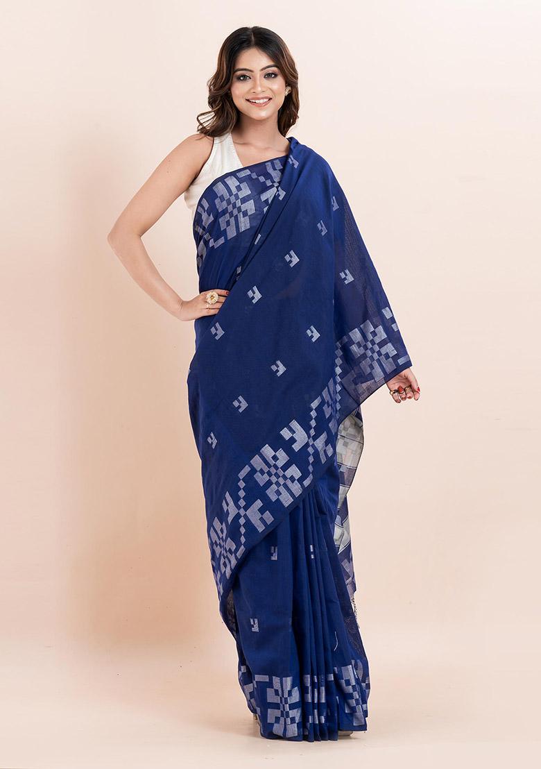 Blue Printed Cotton Saree Set