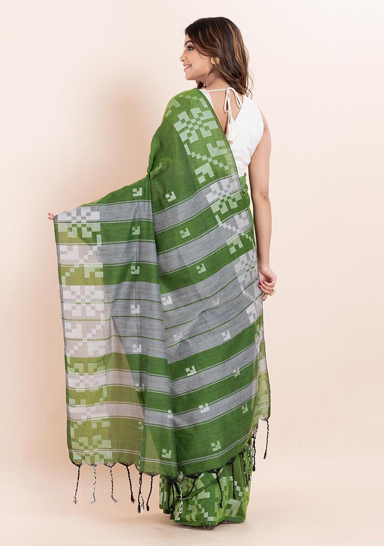 Green Printed Cotton Saree Set