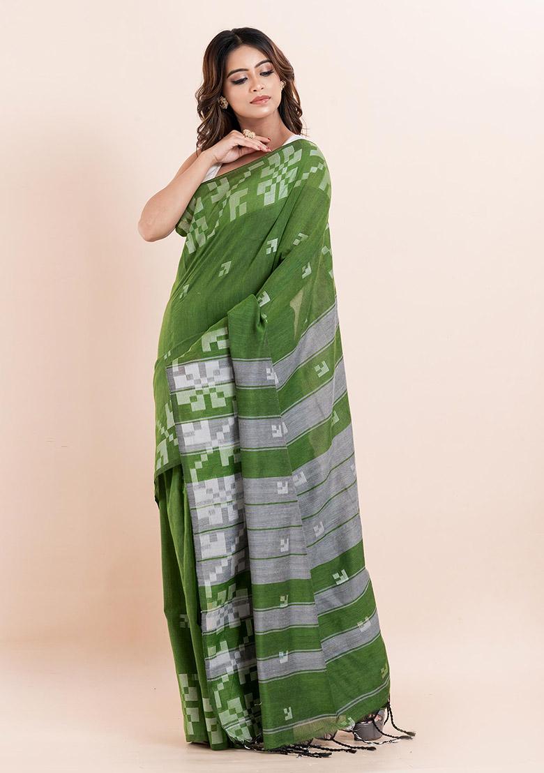 Green Printed Cotton Saree Set